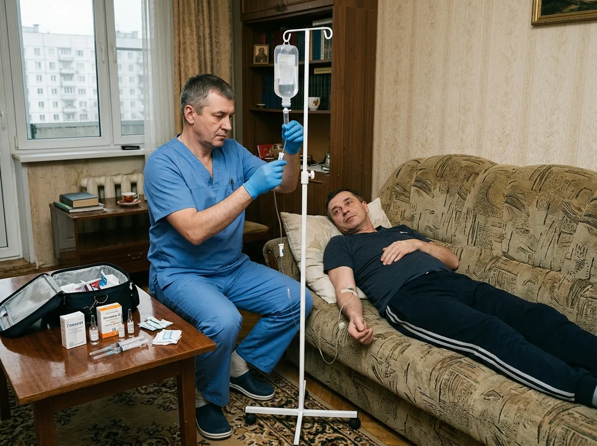 Врач-нарколог устанавливает капельницу пациенту на дому в Москве — детоксикация при выводе из запоя, спокойная обстановка, медицинские препараты