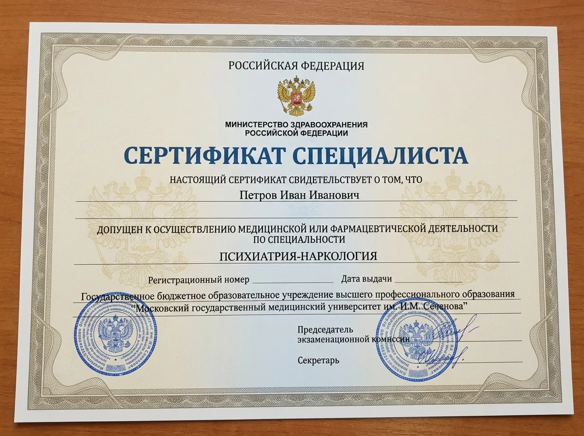 Сертификат специалиста врача психиатра-нарколога, выданный медицинским образовательным учреждением